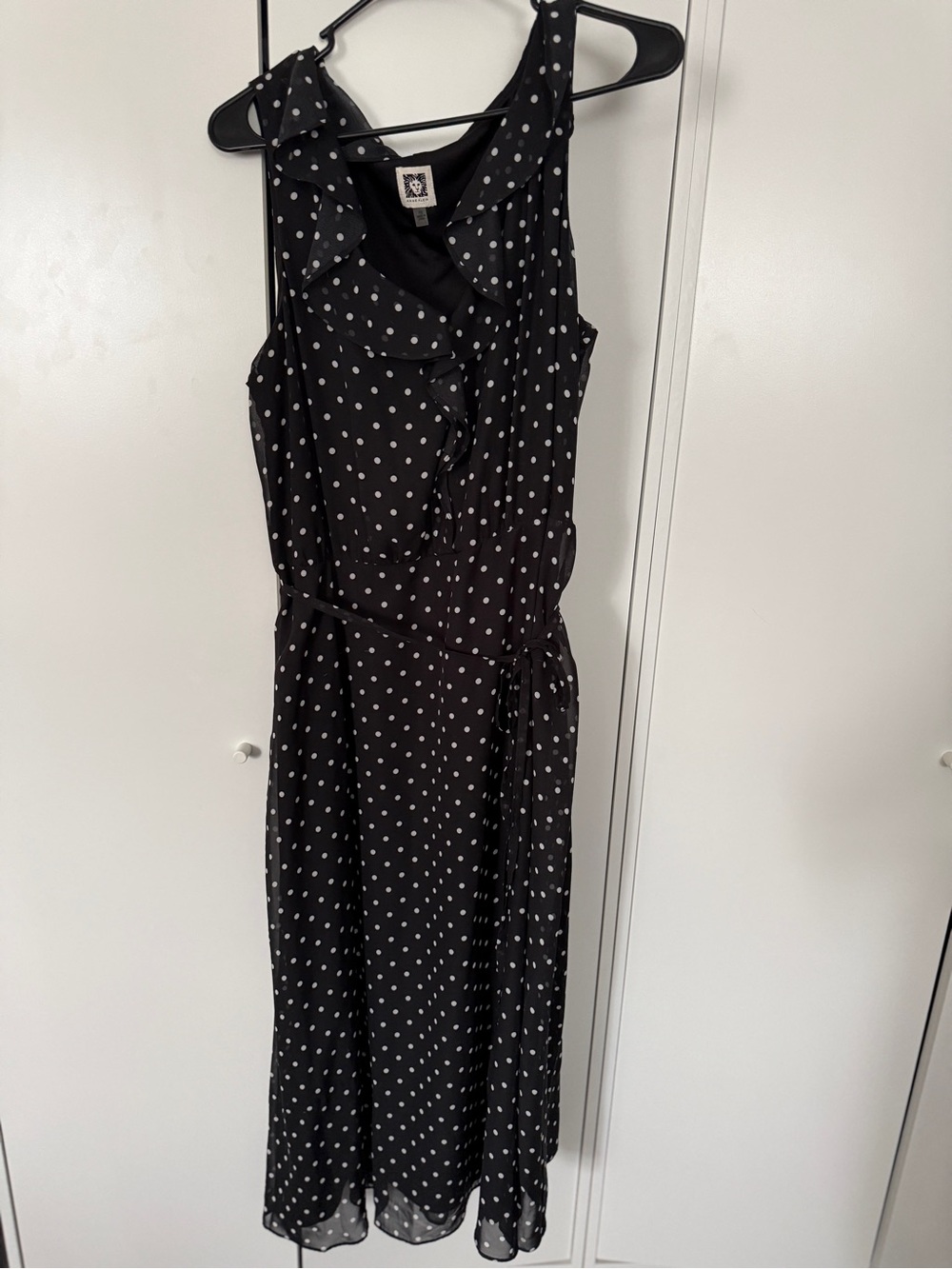 Anne Klein Black and White Polka Dot Midi Dress with Ruffle Neck